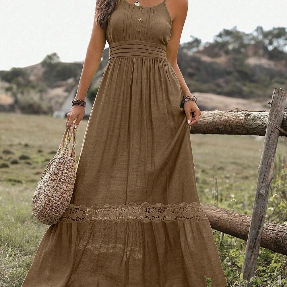 Khaki Casual Women's Contrast Lace Ruffle Hem Cami Maxi Sundress - Picture 4 of 5